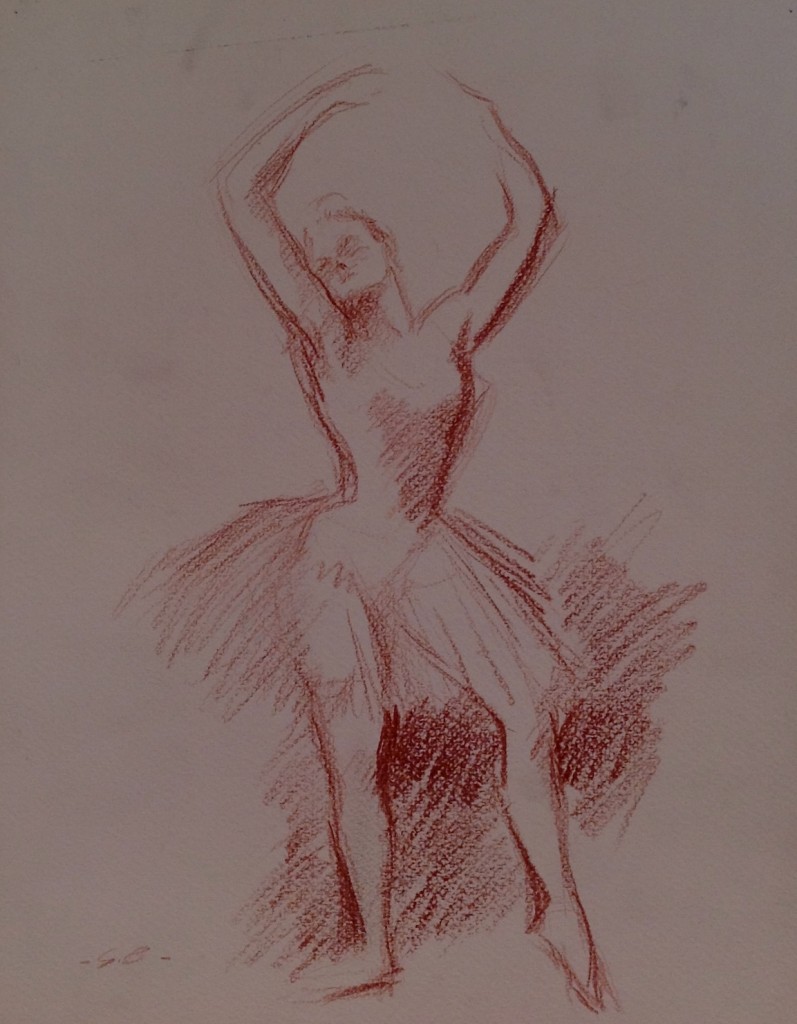 Ballerina in tutù donna che danza disegno in sanguigna su carta di Gigi Busato collezione di famiglia