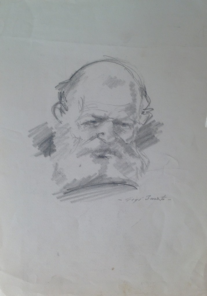 Clochard, immagine di un uomo senza tetto con una lunga barba di Gigi Busato. Disegno a matita su carta in bianco e nero.Collezione di famiglia