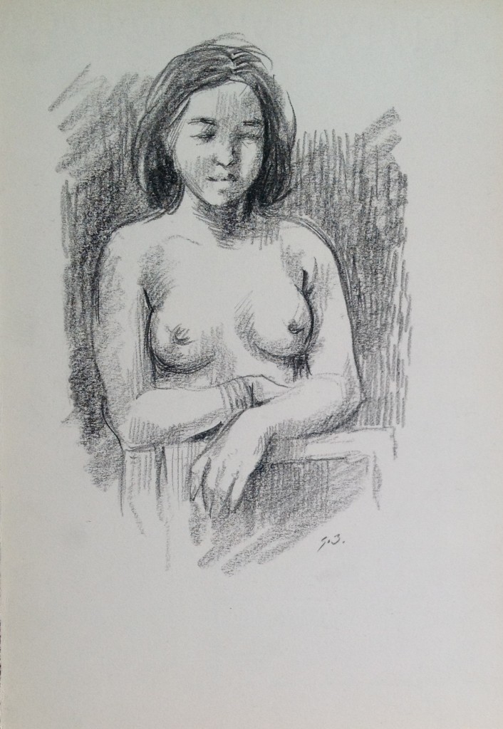 Donna in posa nudo di donna di Gigi Busato. Disegno a matita su carta collezione di famiglia