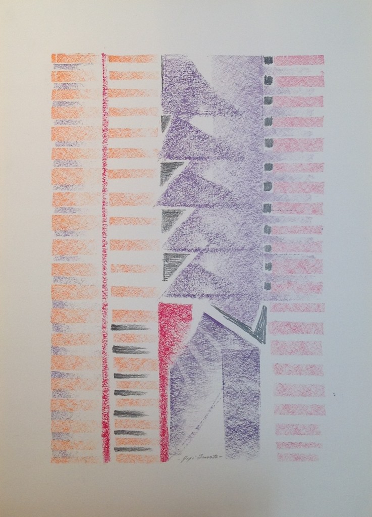 Tratti disegno astratto, Forme geometriche colorate di Gigi Busato. Disegno a pastello su carta colorato. Collezione di famiglia.