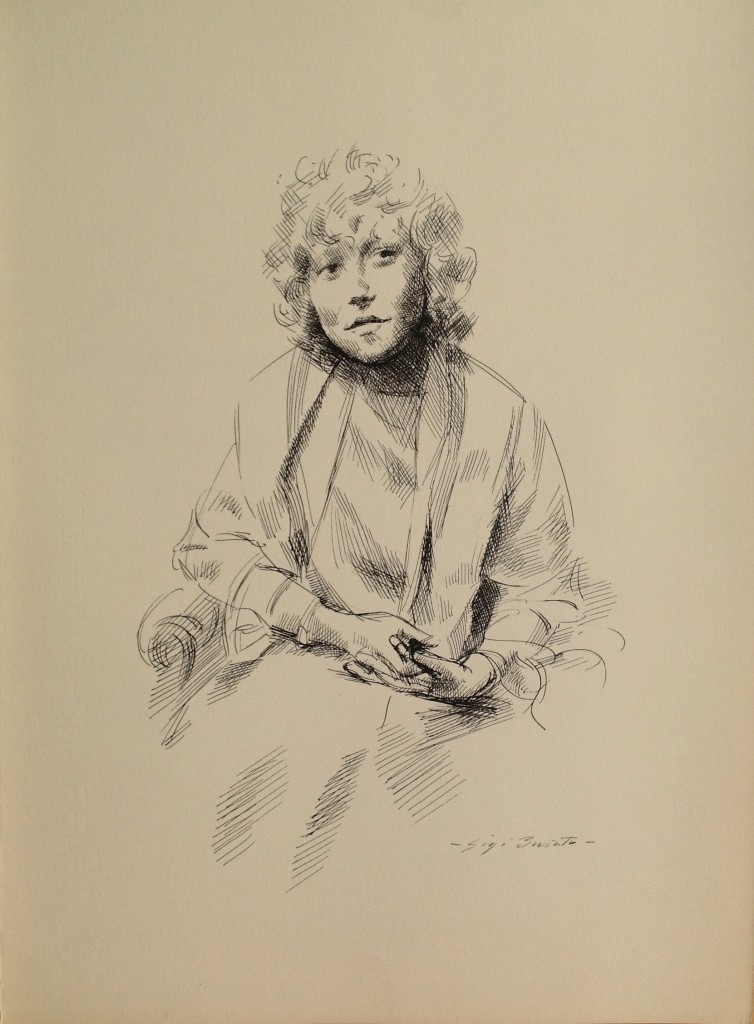 Donna in posa di Gigi Busato,disegno a penna su carta bianco e nero, collezione di famiglia