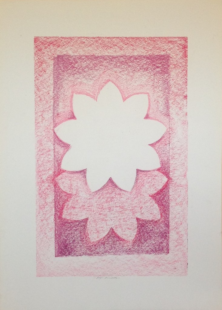 Il vuoto nel pieno è un Disegno astratto nel colore del rosa con forme di fiore, disegno a pastello su carta a colori,collezione di famiglia.