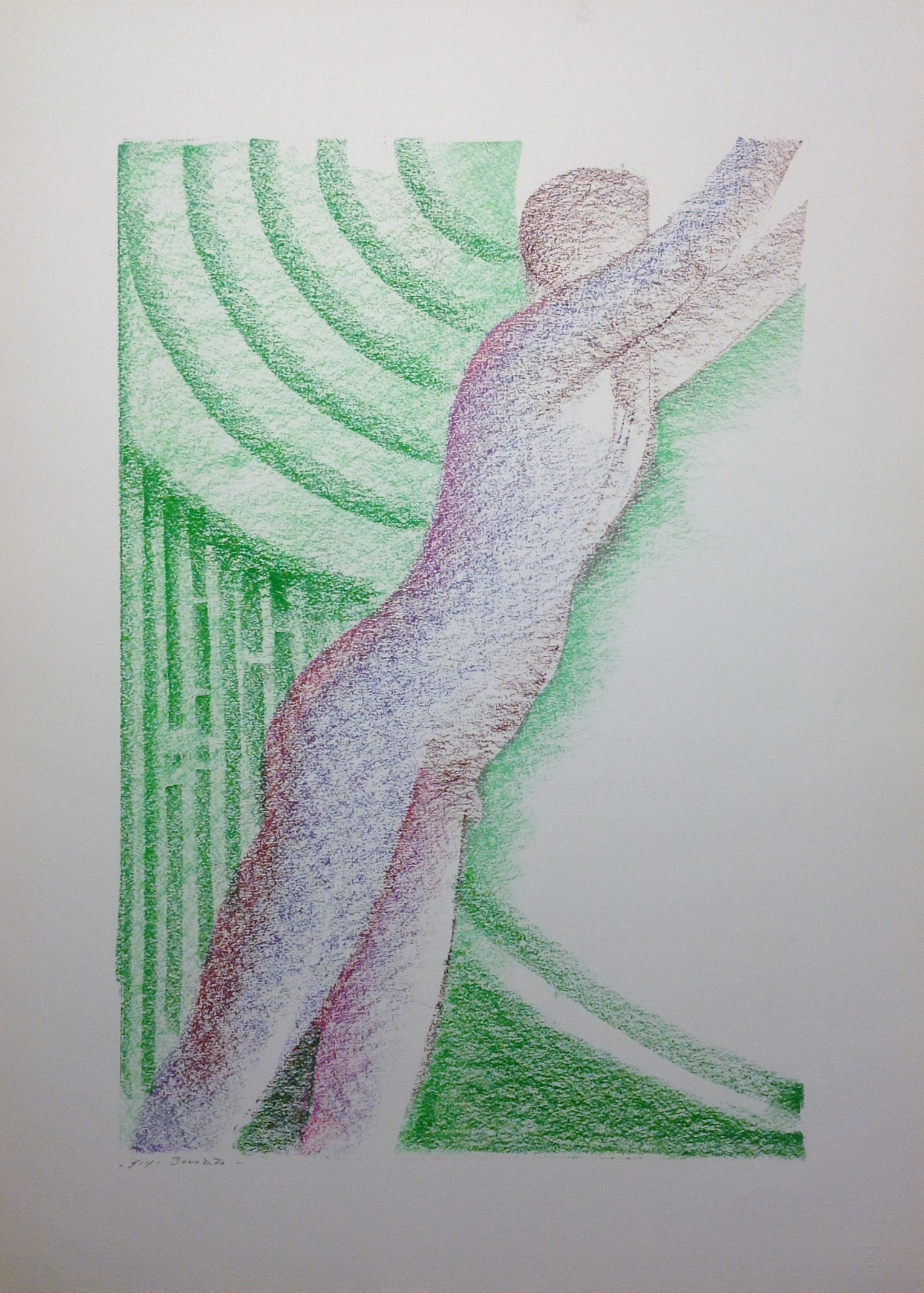 salto nel verde, disegno di un uomo che salta nel verde allungando le braccia di Gigi Busato. Pastello su carta a colori. Collezione di famiglia