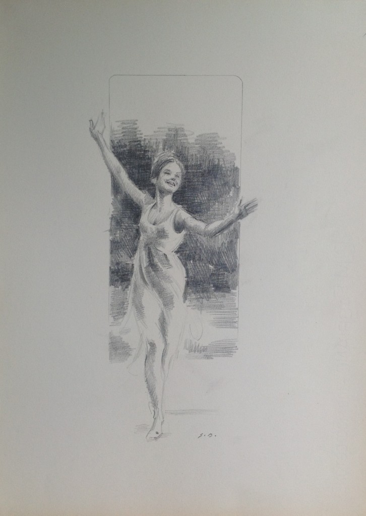 Sorriso donna danzante che corre in un prato con le braccia sollevate di Gigi Busato disegno a matita su carta bianco e nero collezione di famiglia 
