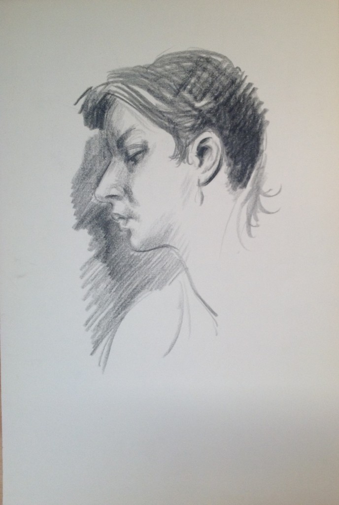 Profilo, volto di donna, di Gigi Busato. Disegno a matita su carta in bianco e nero. Collezione di famiglia