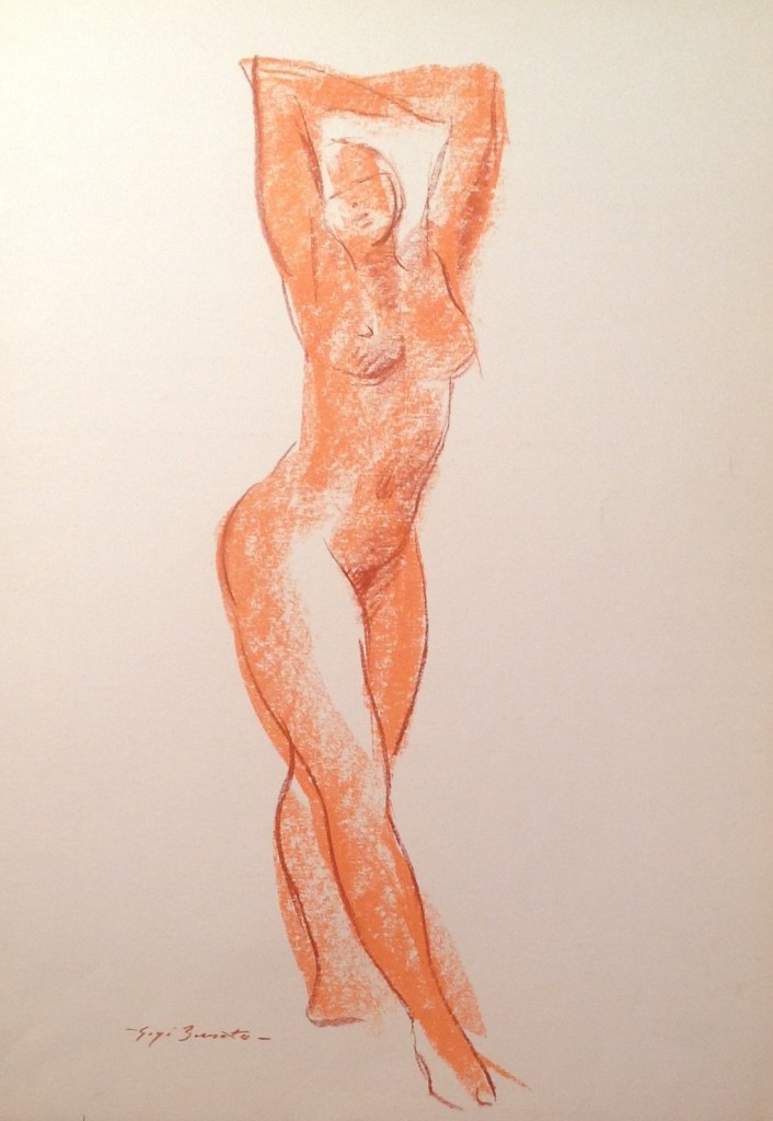 Balla sola donna nuda che in posa accenna un passo di danza, di Gigi Busato, disegno a pastello su carta collezione di famiglia