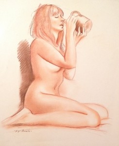 Assetata donna nuda in ginocchio che beve da una caraffa. Disegno sanguigna su carta  di Gigi Busato. Collezione di famiglia