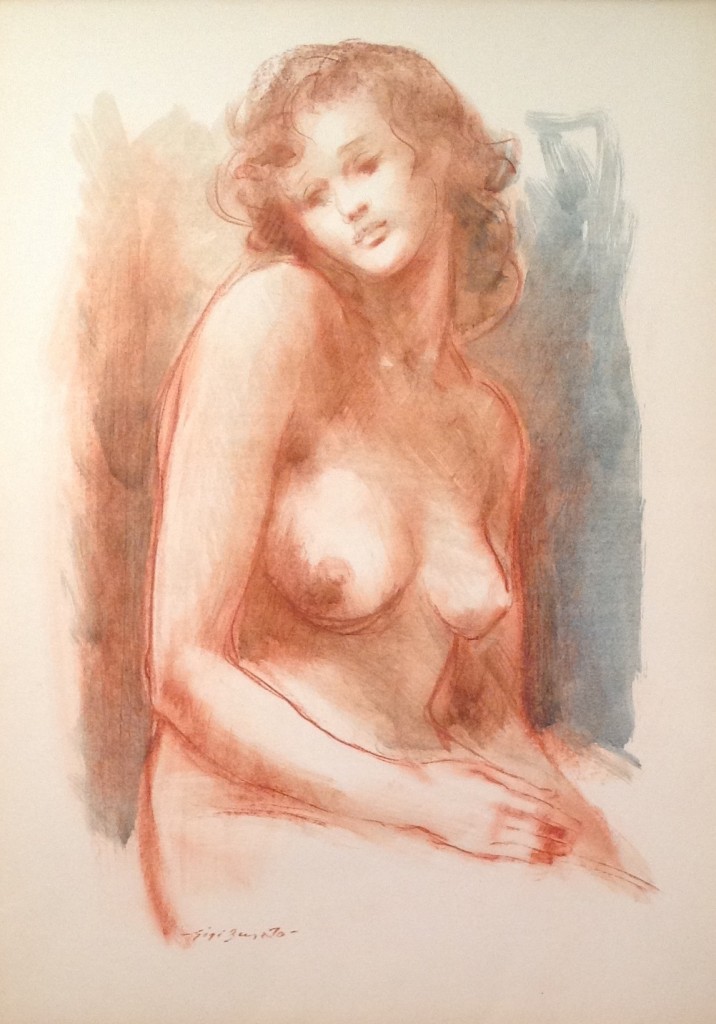 Dea, donna nuda seduta in posa per Gigi Busato. Disegno sanguigna/guazzo a colori su carta. Collezione di famiglia