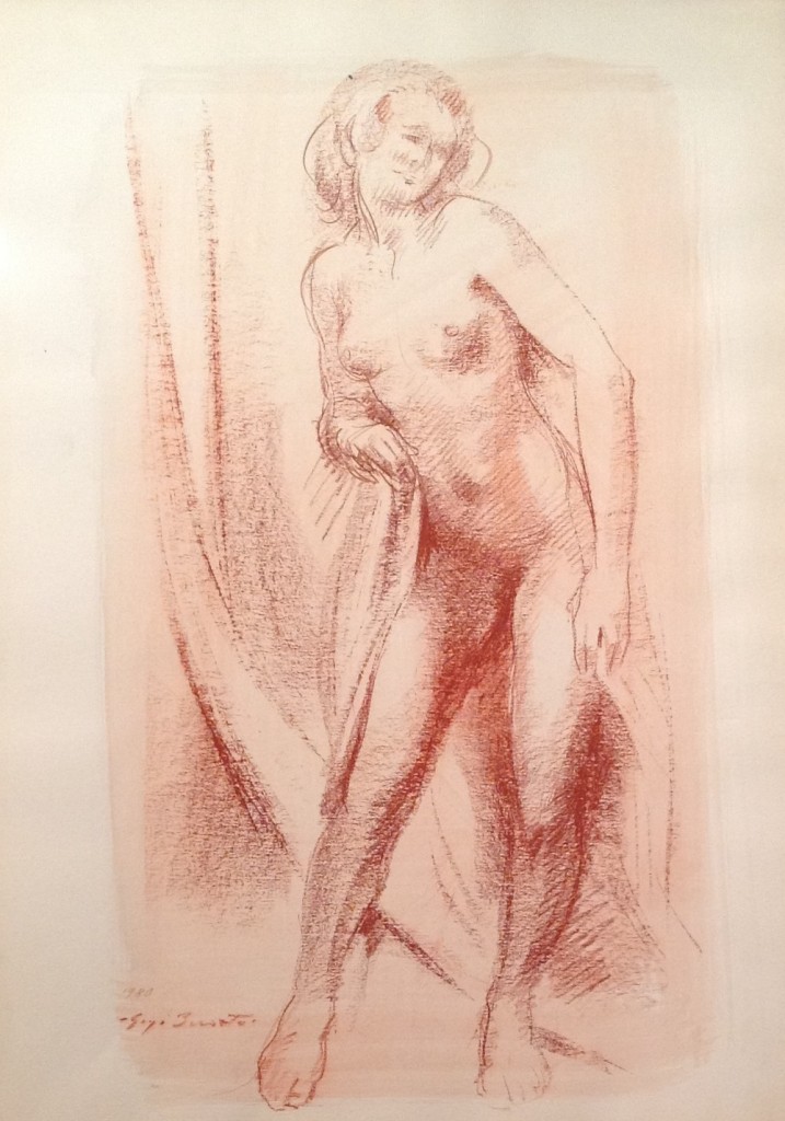 Ida, donna nuda in posa di Gigi Busato. Disegno a sanguigna/guazzo su carta, collezione di famiglia