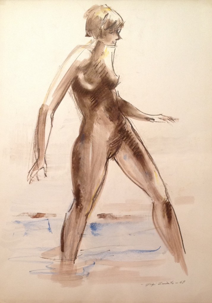 Quatta quatta è un disegno che ritrae una donna con passo lento muoversi nell'acqua, di Gigi Busato. Disegno a tecnica mista  su carta, collezione di famiglia