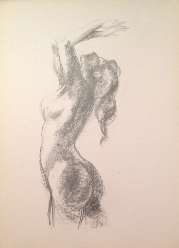 Osannare, donna nuda in posa di profilo di Gigi Busato. Disegno carboncino su carta , collezione di famiglia