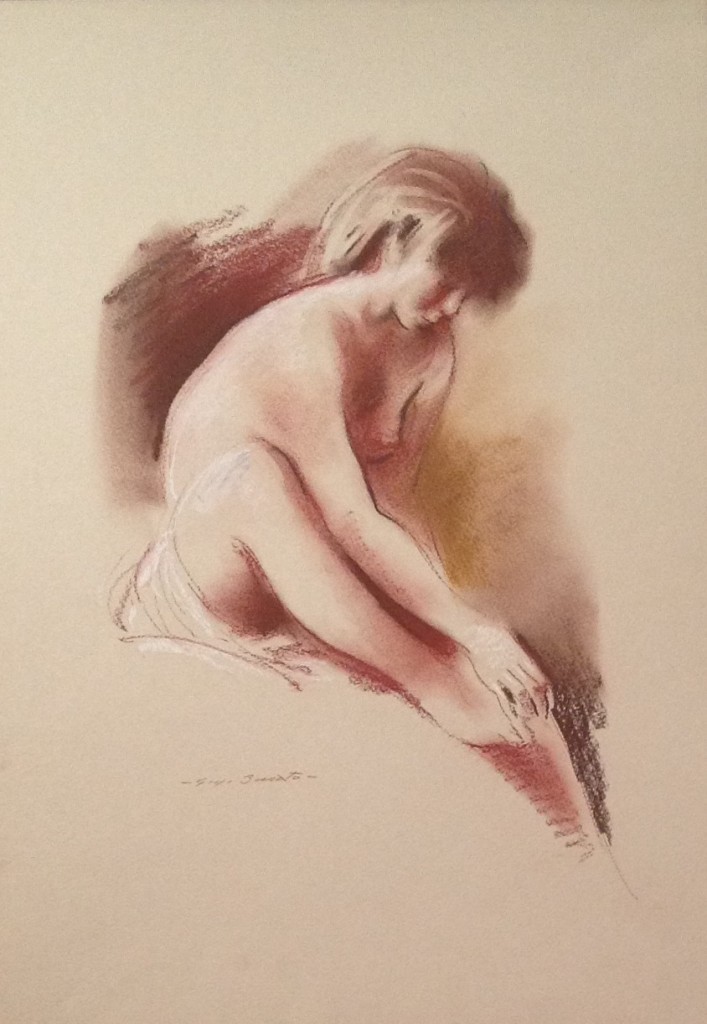 Sostegno, donna nuda che si accarezza un piede, di Gigi Busato, disegno a pastello su carta a colori, collezione di famiglia