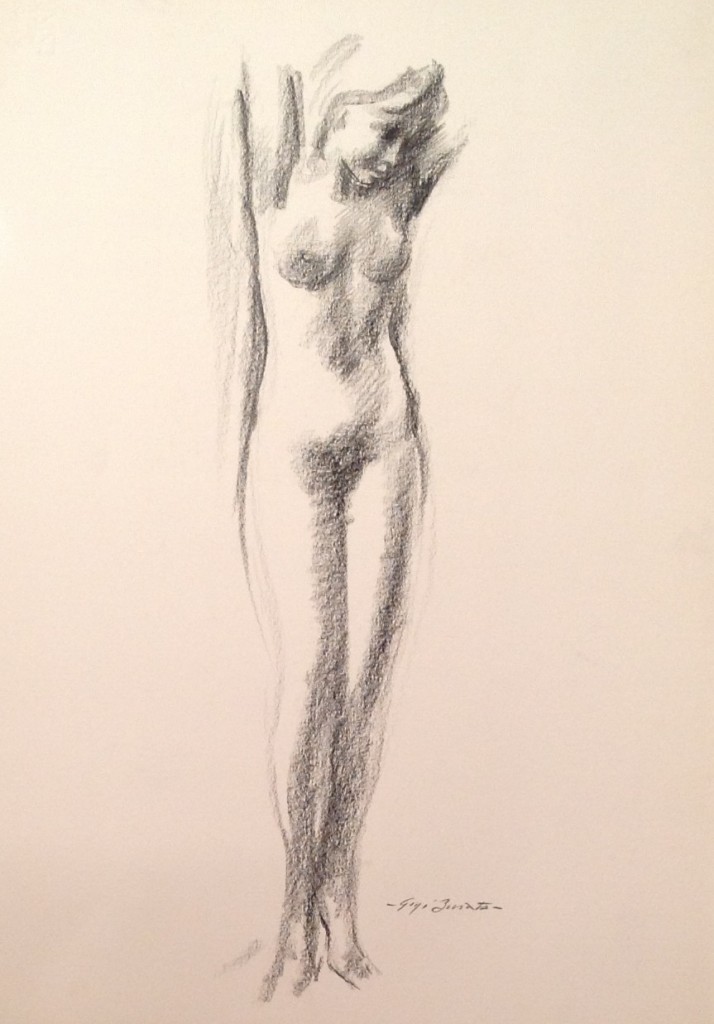 Sciogliersi, donna in posa con le braccia sollevate, di Gigi Busato. Disegno matita su carta  bianco e nero. Collezione di famiglia