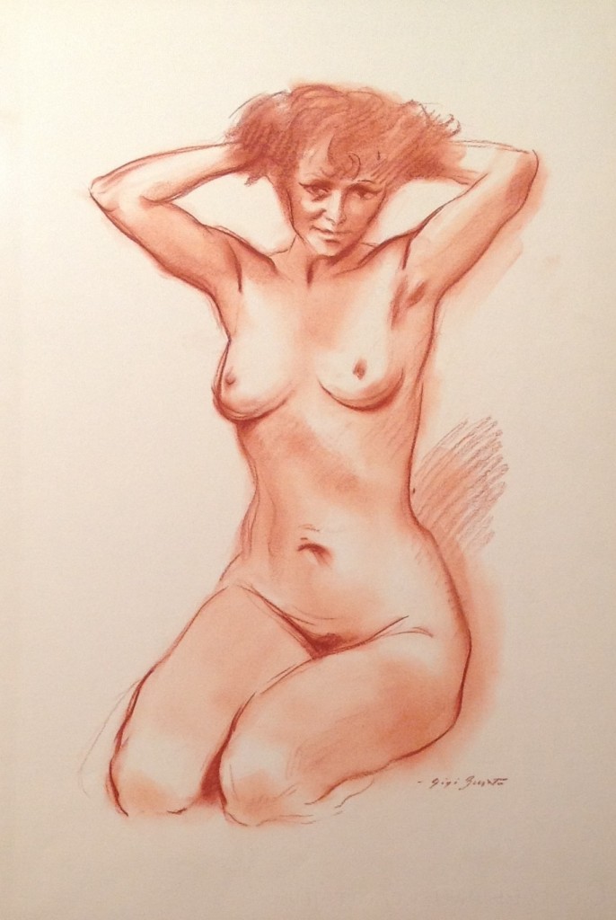 Lei che solleva i capelli, disegno di donna nuda in ginocchio che solleva i suoi ricci capelli, di Gigi Busato. Disegno sanguigna su carta, collezione di famiglia