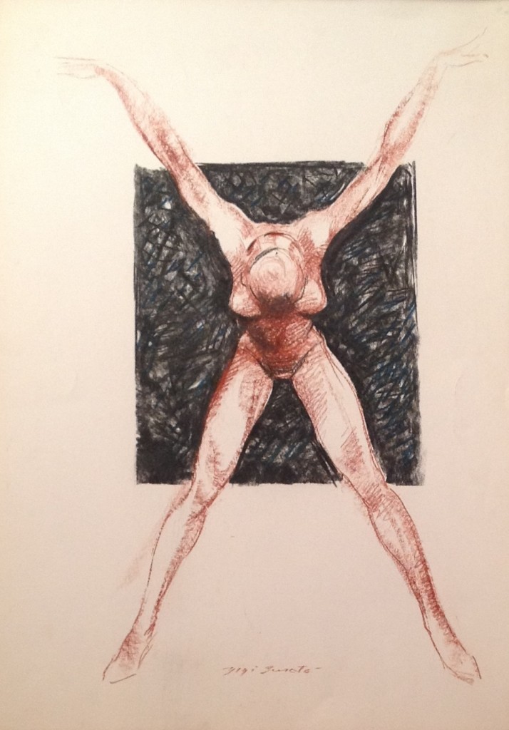 X, corpo di donna che forma una x, di Gigi Busato. Disegno a tecnica mista su carta, collezione di famiglia