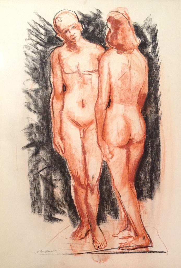 Avanti e dietro, uomo in posa frontale e la donna che volge le spalle un nudo artistico di Gigi Busato. Disegno a sanguigna/carboncino su carta, collezione di famiglia