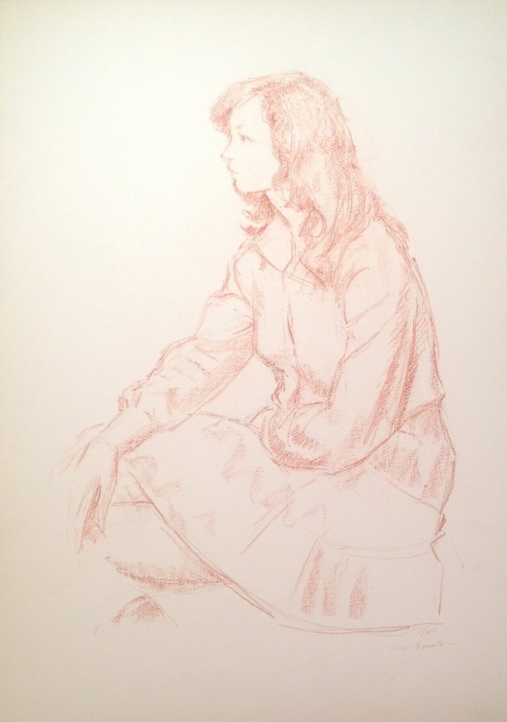 Anna di Gigi Busato. Giovane donna seduta di profilo. Disegno sanguigna su carta,collezione di famiglia