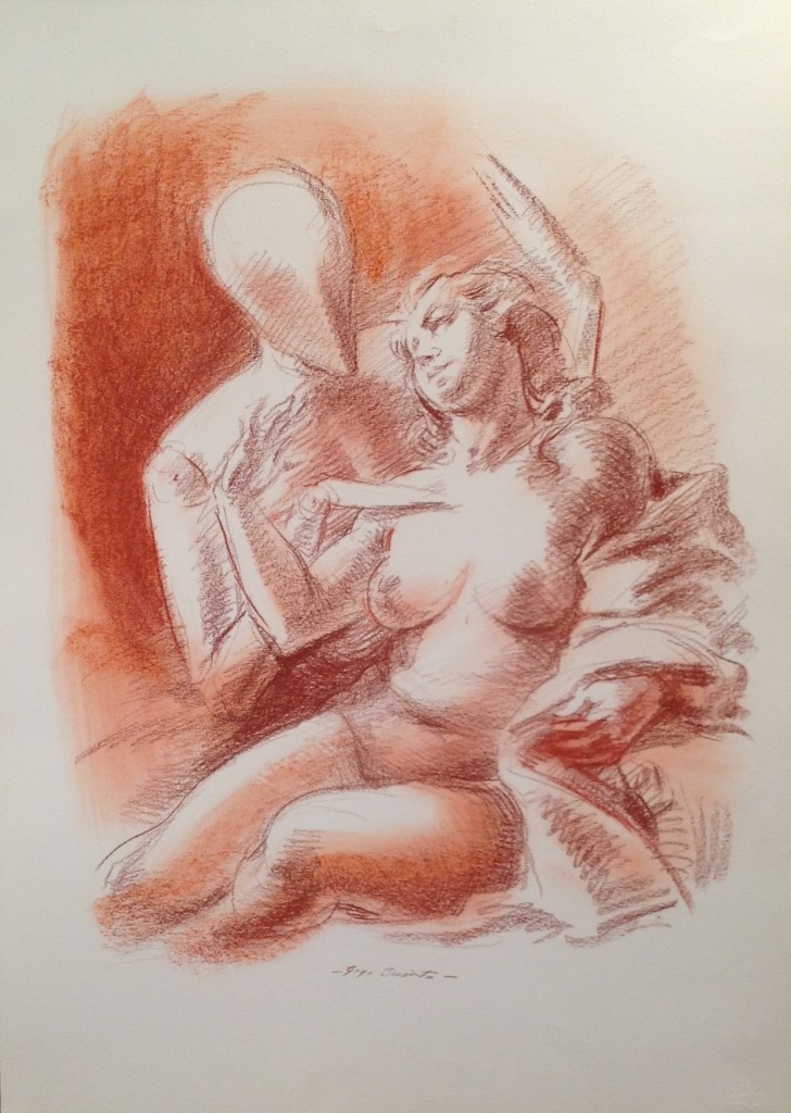 Illusione, donna nuda che immagina di essere abbracciata da un uomo, di Gigi Busato. Disegno a pastello su carta colorato, collezione di famiglia