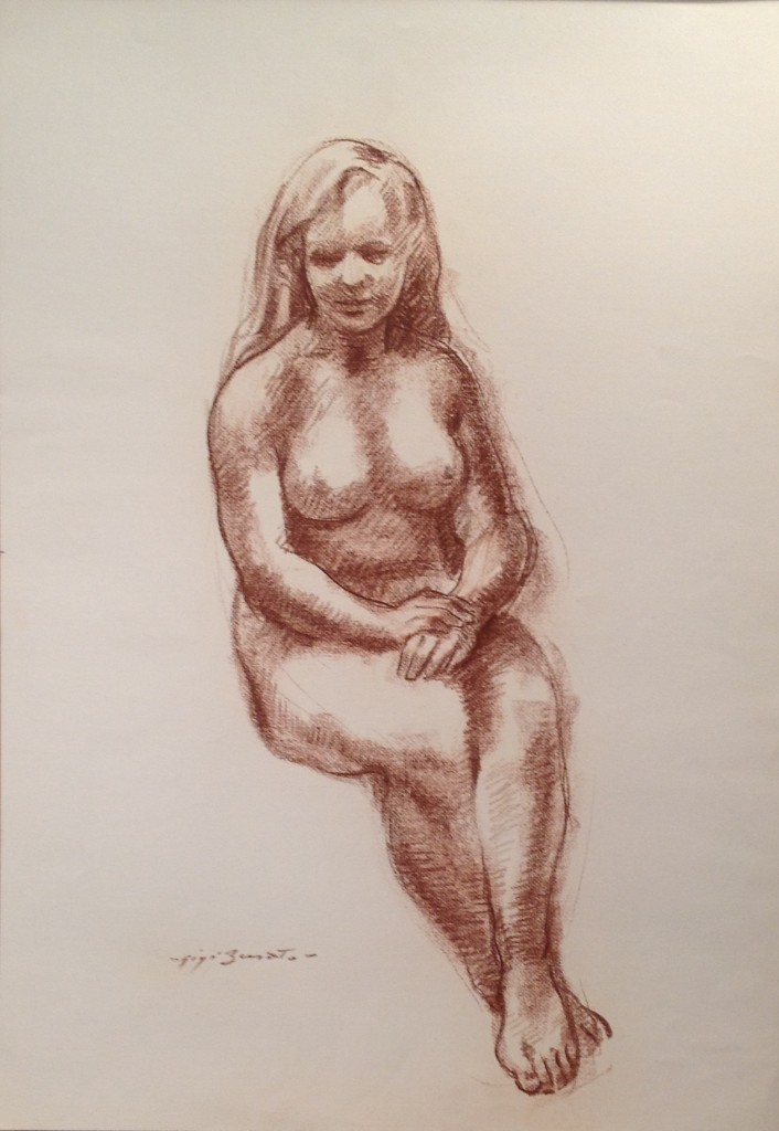 Composta, donna seduta nuda che posa di Gigi Busato. Disegno  seppia su carta. Collezione di famiglia.