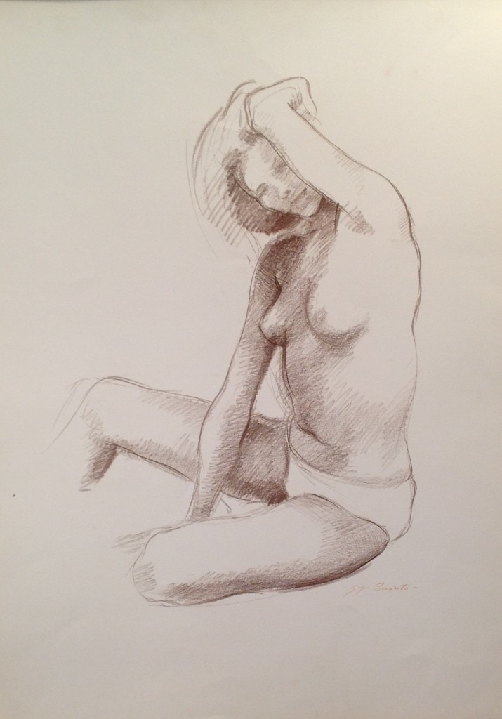 Esortare, disegno di donna nuda seduta in posa, di Gigi Busato. Disegno seppia su carta, collezione di famiglia