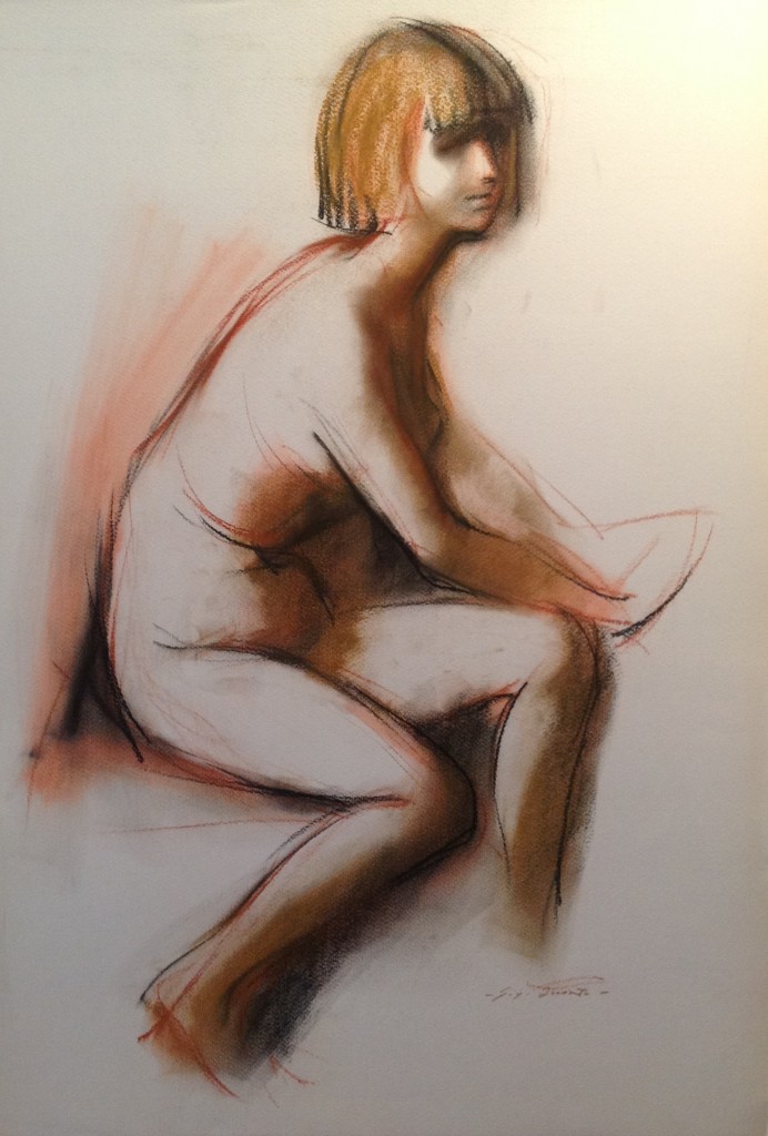 Caschetto d' oro donna seduta che posa nuda di Gigi Busato, disegno pastello su carta colorato, collezione di famiglia