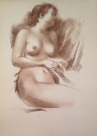 Intensamente, donna nuda distesa assorta nei suoi pensieri, di Gigi Busato. Disegno seppia su carta, collezione di famiglia