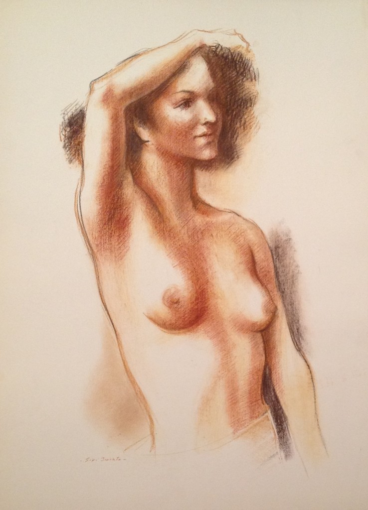 Calore modella in posa nuda di Gigi Busato. Disegno a pastello su carta a colori, collezione di famiglia