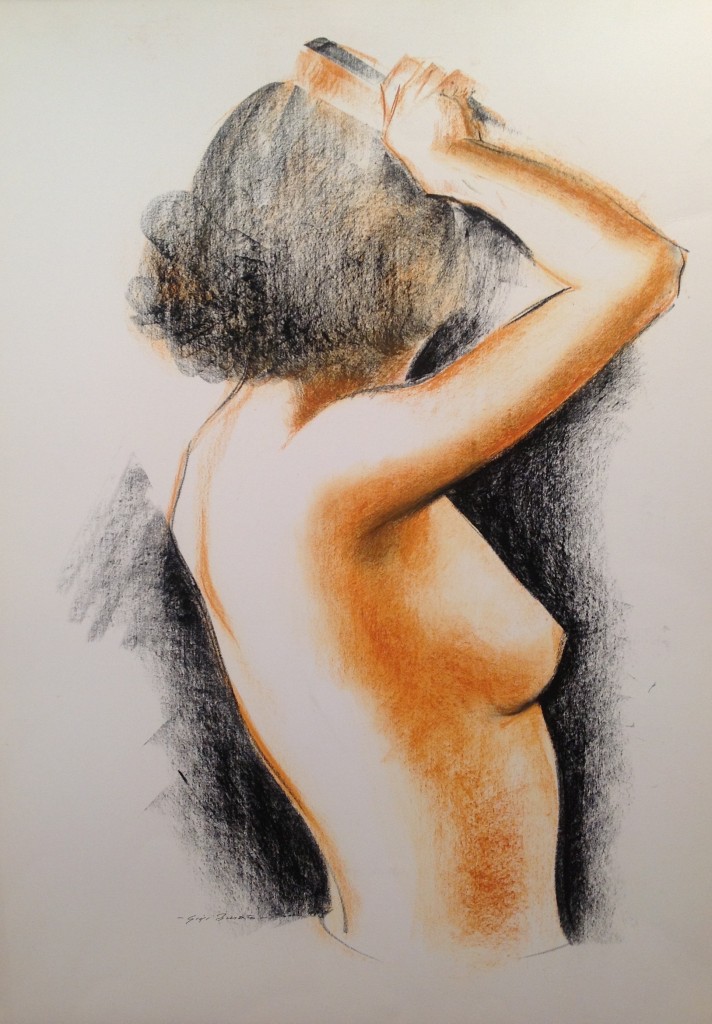 Contro senso, disegno di donna nuda che si pettina, di Gigi Busato. Disegno a pastello su carta  a colori, collezione di famiglia