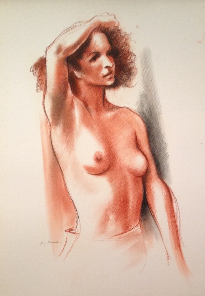 Calore donna nuda che posa per Gigi Busato. Disegno a pastello su carta  a colori.  Collezione di famiglia