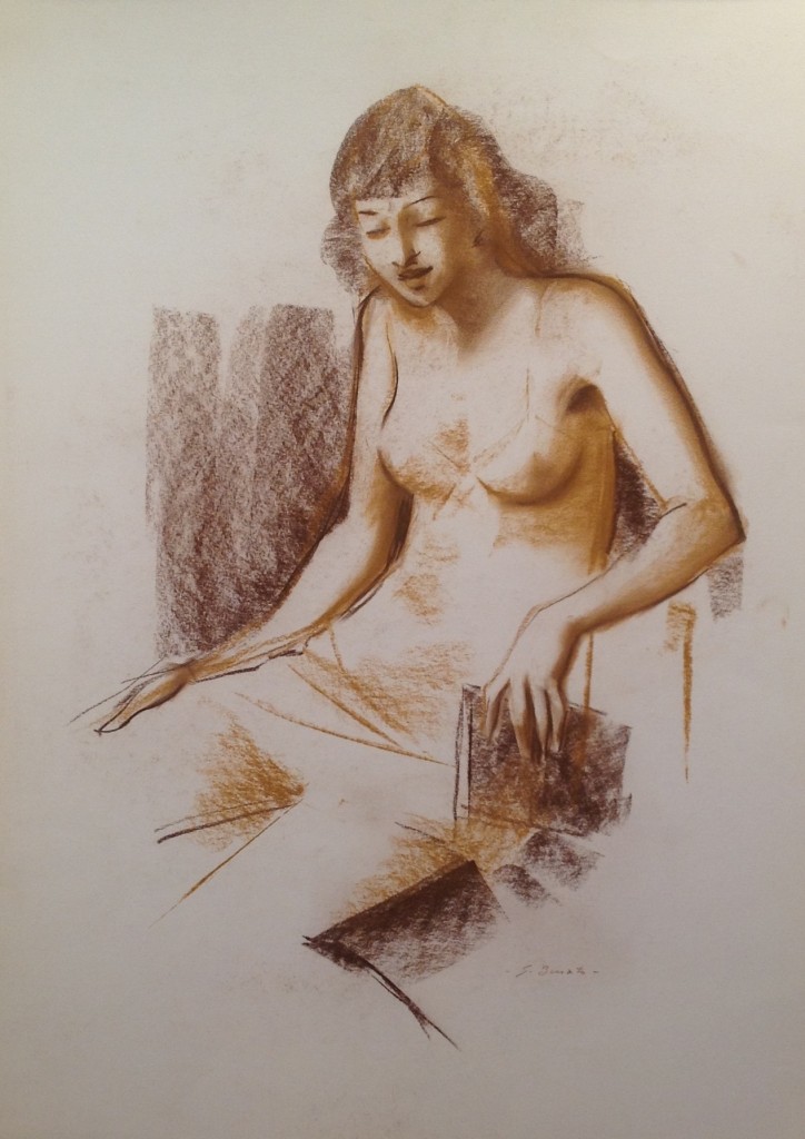Lettura donna seduta che posa con un libro in mano, disegno a pastello su carta  colorato, collezione di famiglia