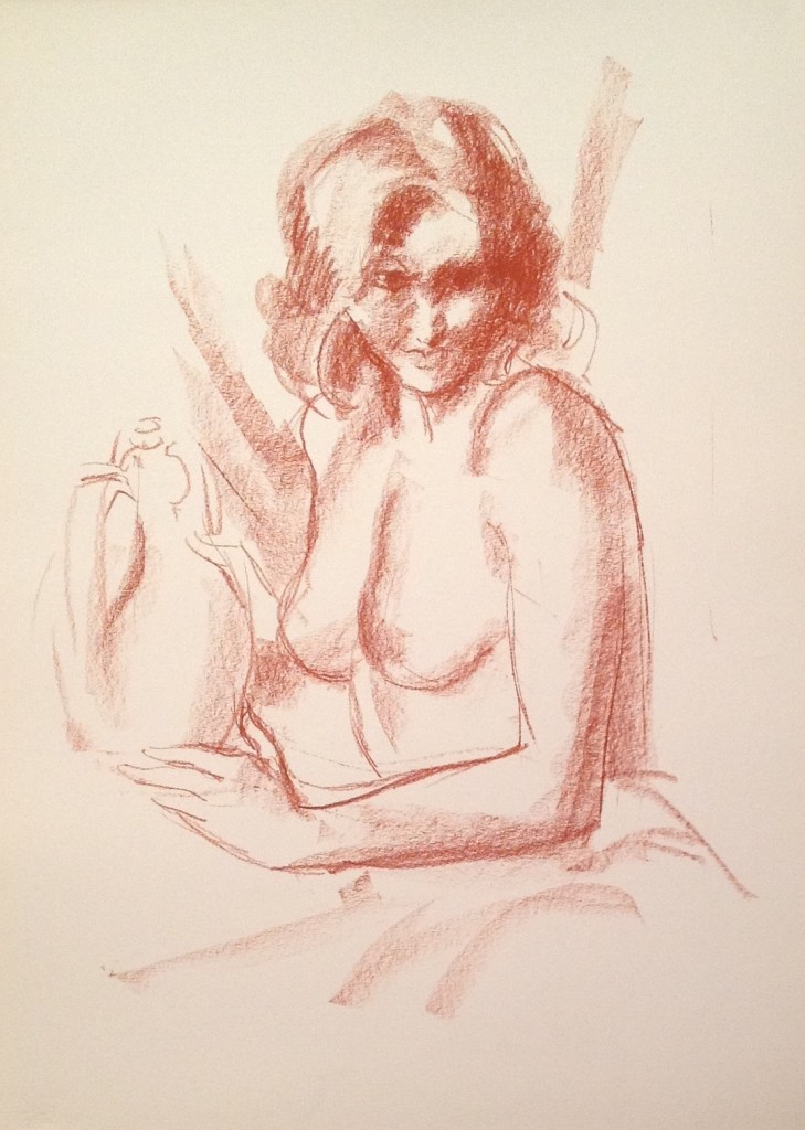 Veleno, donna nuda seduta in posa che tiene in mano un contenitore. Disegno sanguigna su carta, collezione di famiglia