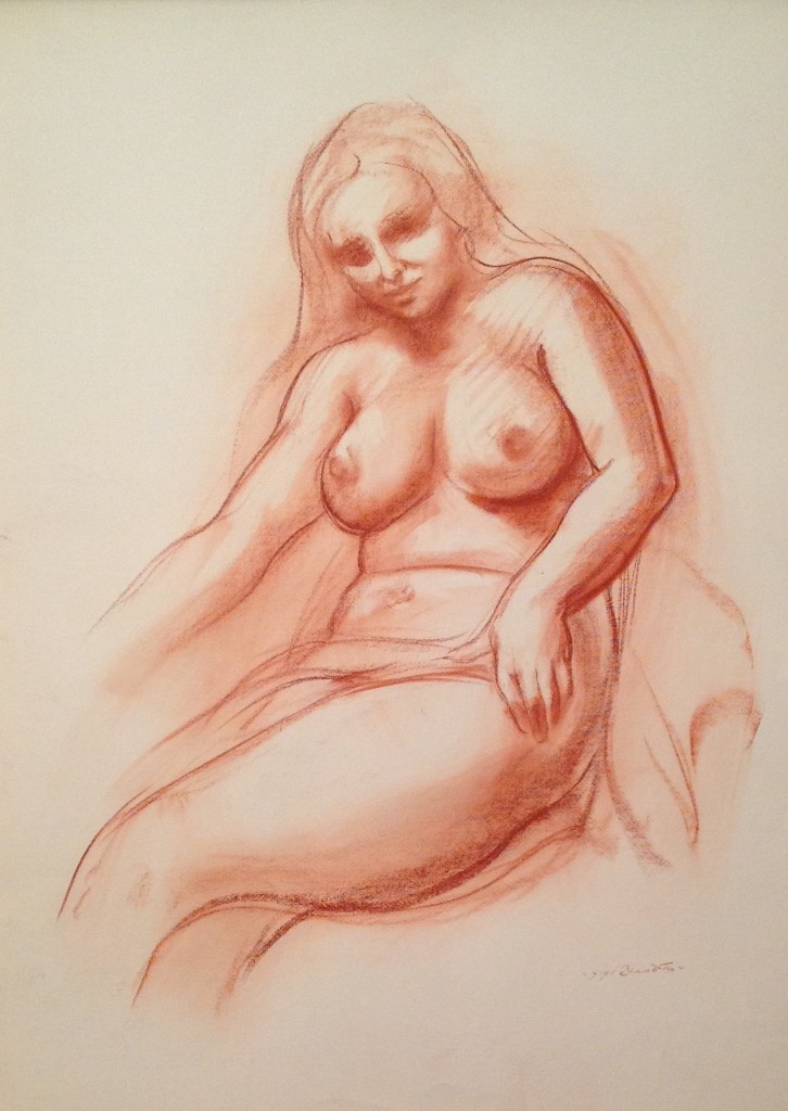 Comodità donna nuda seduta in posa, di Gigi Busato. Disegno a sanguigna su carta,collezione di famiglia