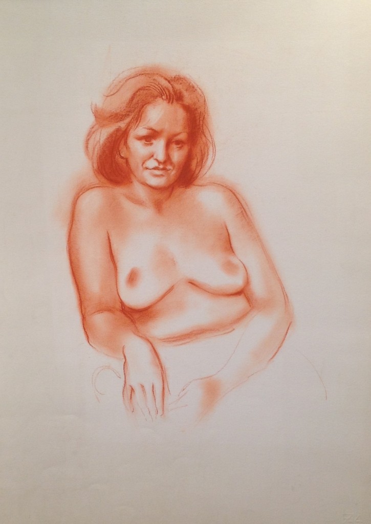 Lorella disegno di donna nuda seduta in posa di Gigi Busato. Disegno a sanguigna su carta. Collezione di famiglia