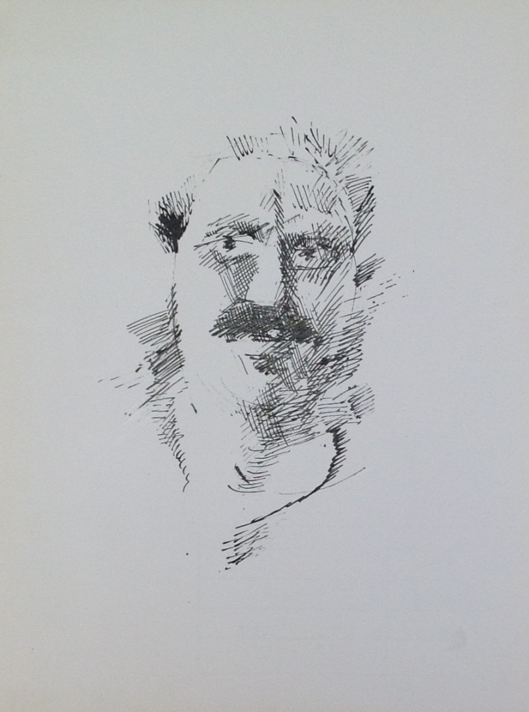 Mustàci, ritratto di volto di uomo. Disegno a penna su carta in bianco e nero, collezione di famiglia