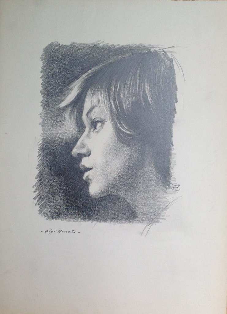 Profilo, volto di donna di Gigi Busato. Disegno a matita su carta bianco e nero, collezione di famiglia