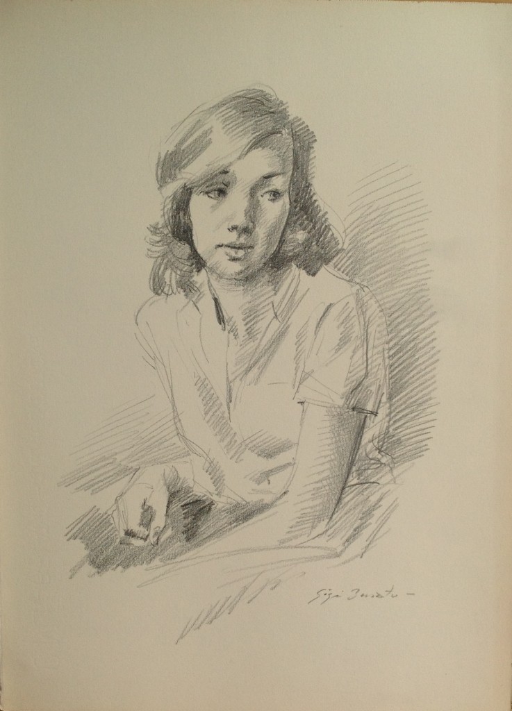 Consuetudine, donna in posa di Gigi Busato. Disegno a matita su carta in bianco e nero. Collezione di famiglia.