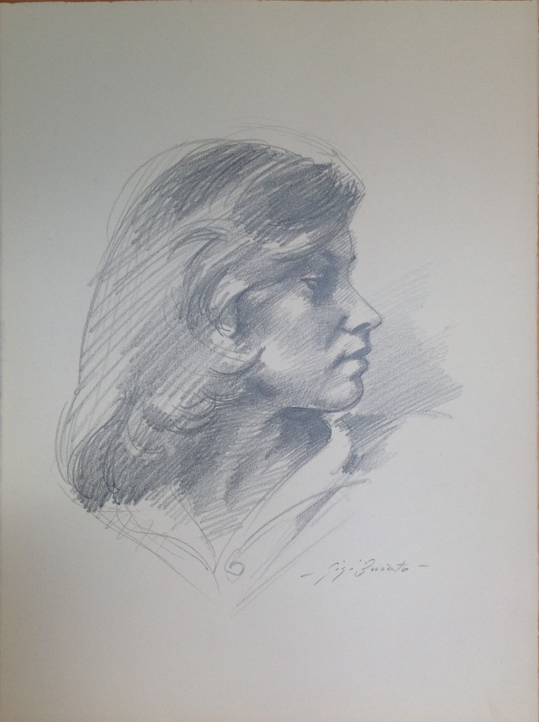 Profilo di donna, giovane donna ritratta di profilo di Gigi Busato. Disegno a matita su carta in bianco e nero, collezione di famiglia