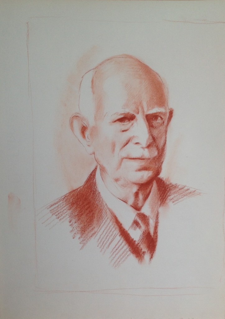 Ritratto, volto di uomo in posa, di Gigi Busato. Disegno sanguigna su carta, collezione di famiglia