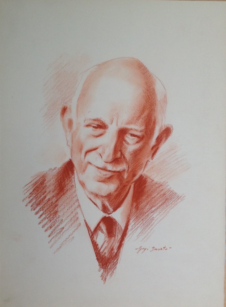 Ritratto, volto di uomo in posa,di Gigi Busato. Disegno sanguigna su carta, collezione dif amiglia
