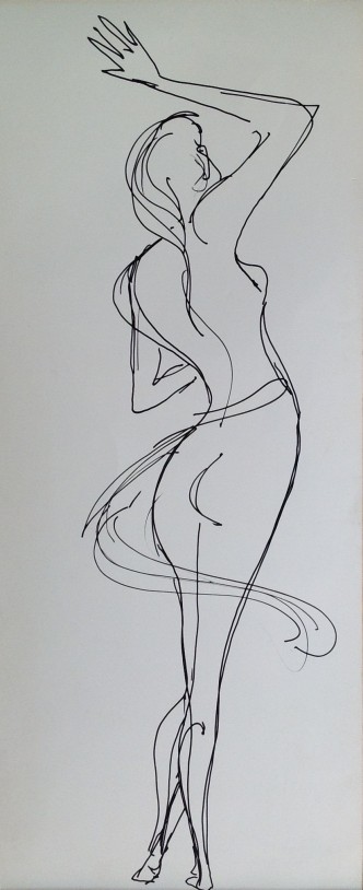Rien, donna nuda, ballerina, di Gigi Busato. Disegno a penna su carta in bianco e nero. Collezione di famiglia