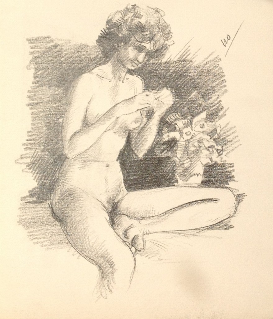 Petali, donna nuda seduta in posa, di Gigi Busato. Disegno tavoletta di china, collezione di famiglia