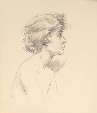 Profilo di donna, donna che posa nuda di profilo, di Gigi Busato. Disegno a matita su carta in bianco e nero, collezione di famiglia