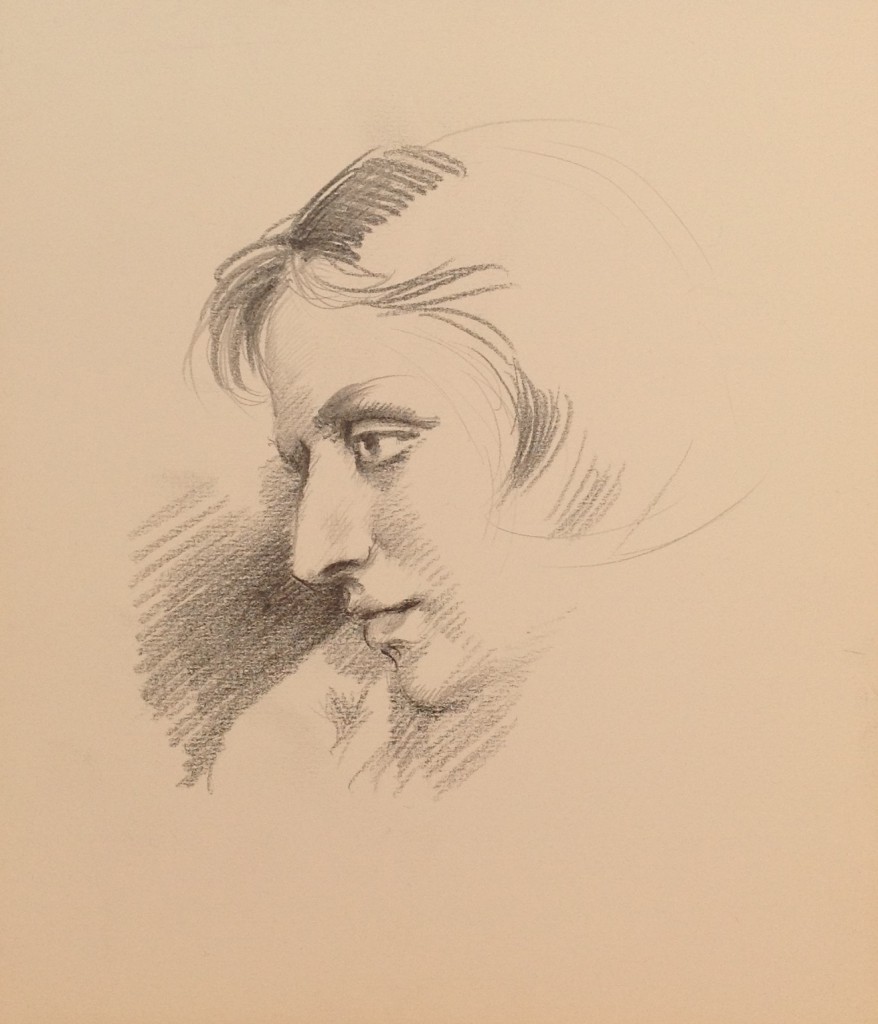 Profilo di donna, giovane donna in posa di profilo. Disegno a matita su carta in bianco e nero. Collezione di famiglia
