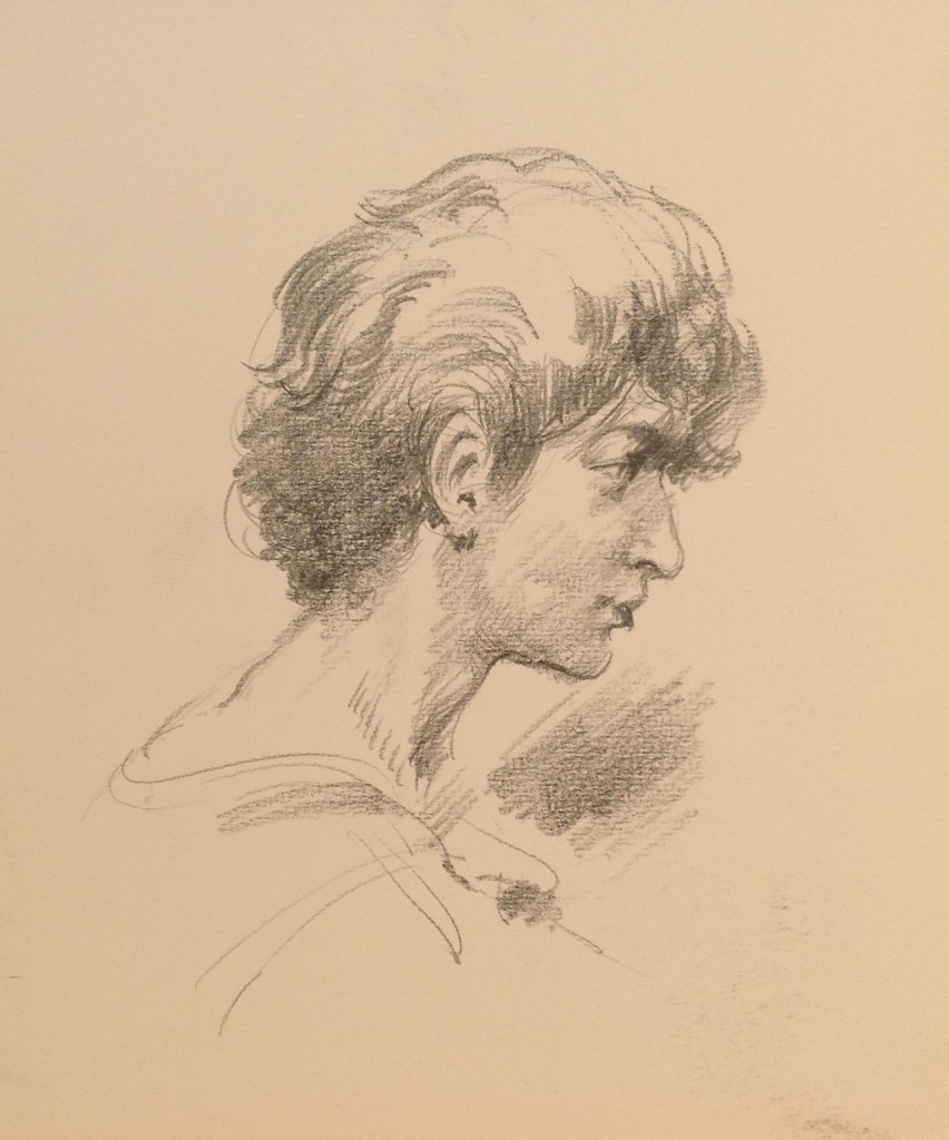 Profilo, volto di giovane donna in posa di Gigi Busato. Disegno matita su carta in bianco e nero. Collezione di famiglia