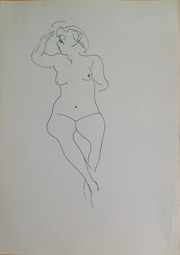 Sul muretto,donna nuda seduta, di Gigi Busato. Disegno penna su carta, collezione di famiglia