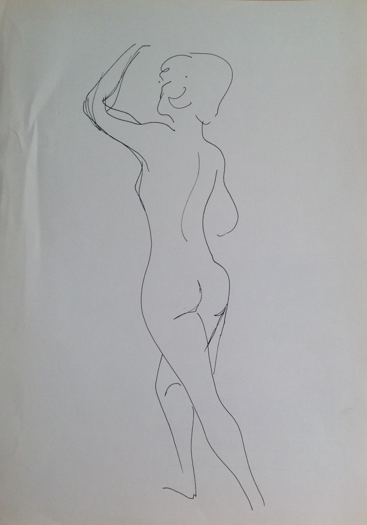 Mi volto, disegno di donna che si gira mostrando le spalle, di Gigi Busato. Disegno a penna su carta, collezione di famiglia