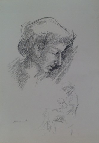 Ri-tratti, studio di donna di Gigi Busato. Disegno a matita su carta in bianco e nero. Collezione di famiglia