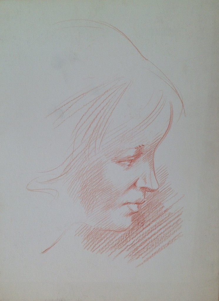 Profilo di donna, volto di giovane donna di profilo. Disegno sanguigna su carta, collezione di famiglia