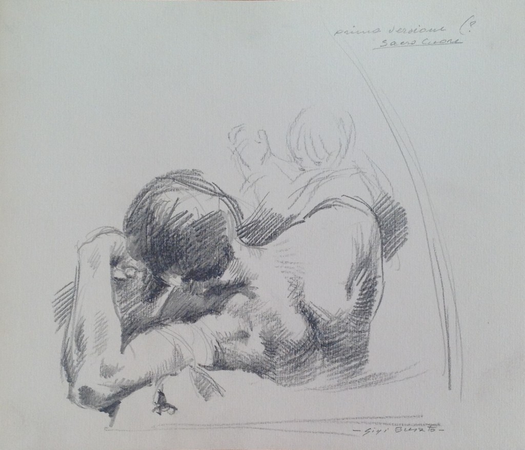 Prima versione sacro cuore, uomo di schiena di Gigi Busato. Disegno a matita su carta in bianco e nero, collezione di famiglia