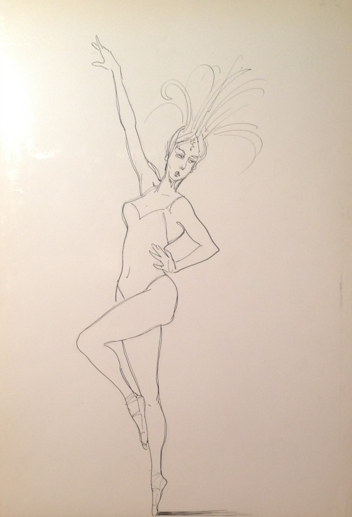 Burlesque, ballerina in posa. Disegno pennarello su carta in bianco e nero, collezione di famiglia